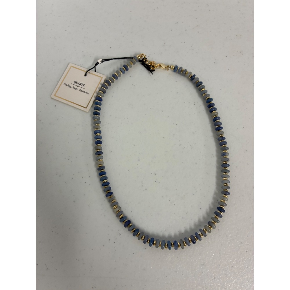 Blue Quartz Genuine Gemstone Rondelle Bead Brass Necklace Made in India NWT